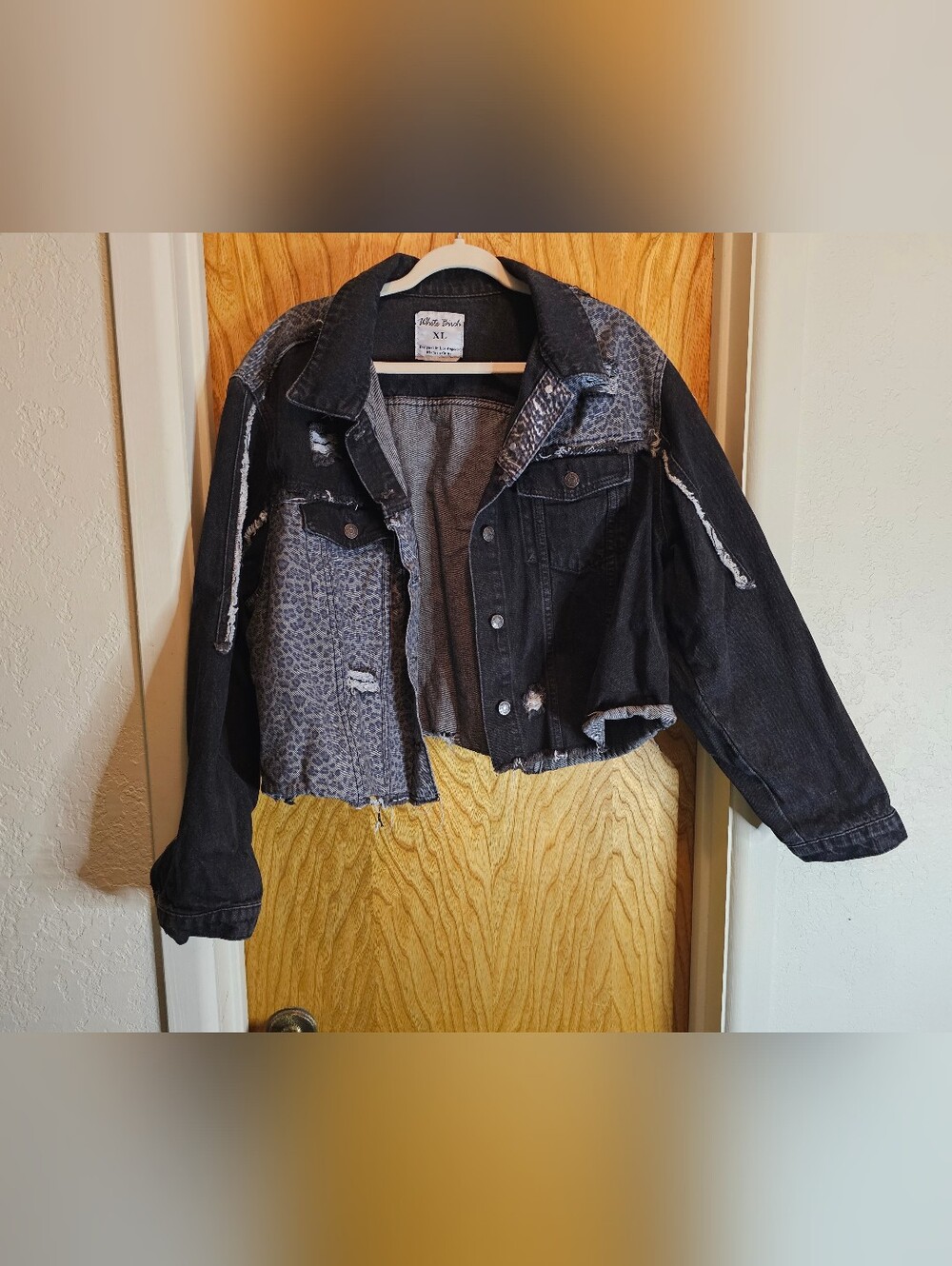 White Birch XL Ladies Black/Leopard Print Distressed Denim Jacket